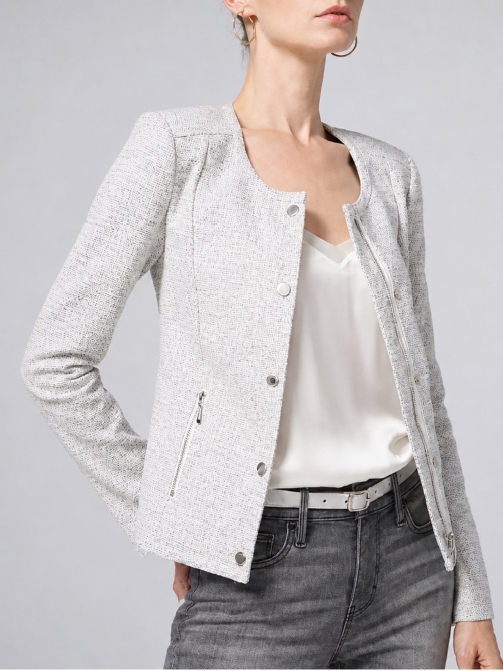White House Black Market Textured Tweed Snap Front Moto Jacket Size 10